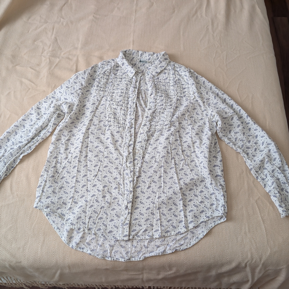 Sundance White and Blue Leaf Print Blouse L